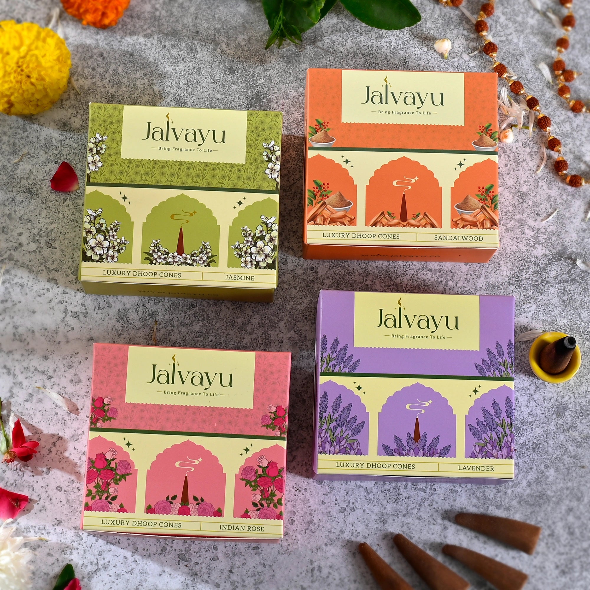 Jalvayu Sandalwood, Jasmine , Indian Rose & Lavender Dhoop Cone Combo Pack