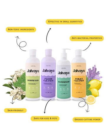 Family Monthly Essentials Combo Pack – Lemon Dishwash, Mint Handwash, Lavender Floor Cleaner & Jasmine Toilet Cleaner for Complete Home Hygiene & Germ Protection