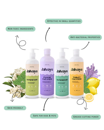 Family Monthly Combo Pack – Lemon & Mint Handwash, Lavender Floor Cleaner & Jasmine Toilet Cleaner for Complete Home Hygiene