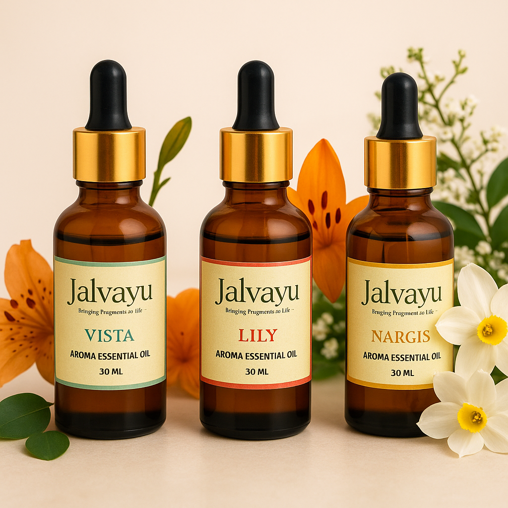 Jalvayu Essential Oil Combo – Nargis, Vista & Lily | 3 x 30ml Bottles | Natural Fragrance Oils for Diffusers, Humidifiers & Candles | Floral, Fresh & Elegant Scents | Gift-Ready Trio Pack